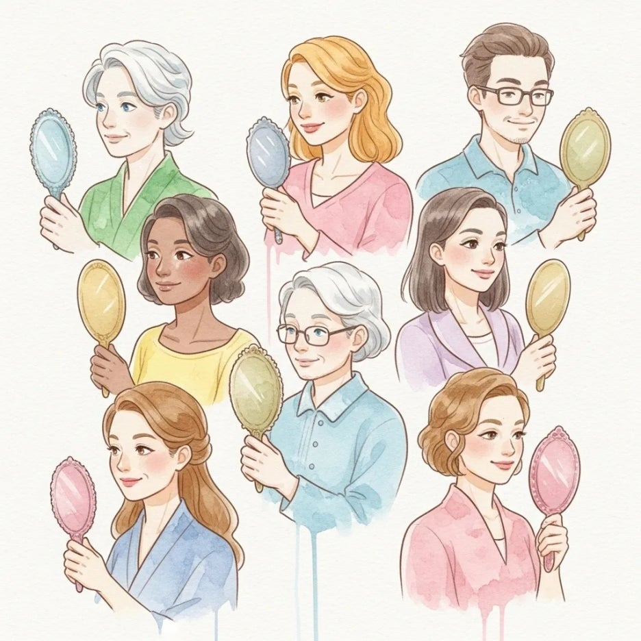 다양한 사람들이 거울을 보며 만족하는 표정