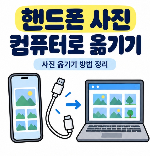 핸드폰 사진 컴퓨터로 옮기기 문구와 스마트폰, USB 케이블, 노트북 아이콘을 보여주는 대표 카드