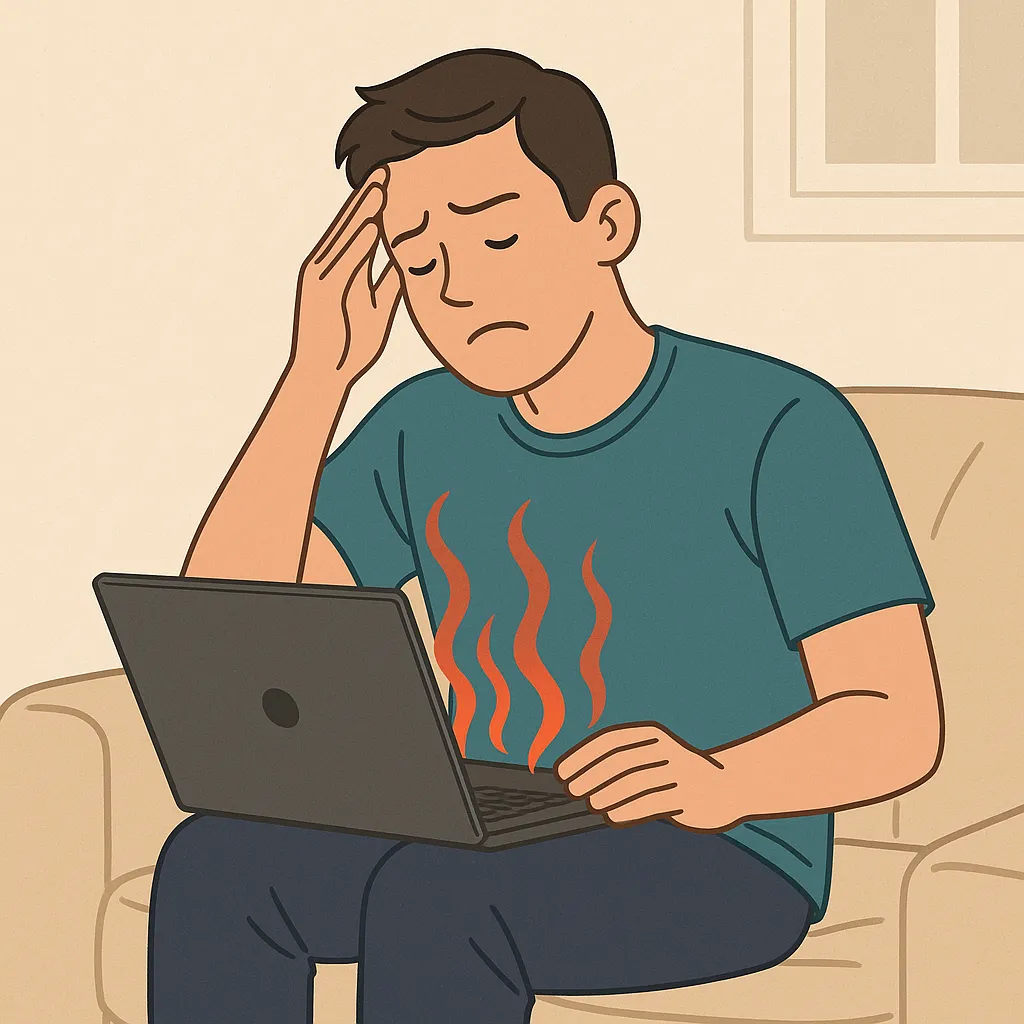 무릎-위에-노트북을-올려놓고-열기로-불편해하는-남성의-일러스트