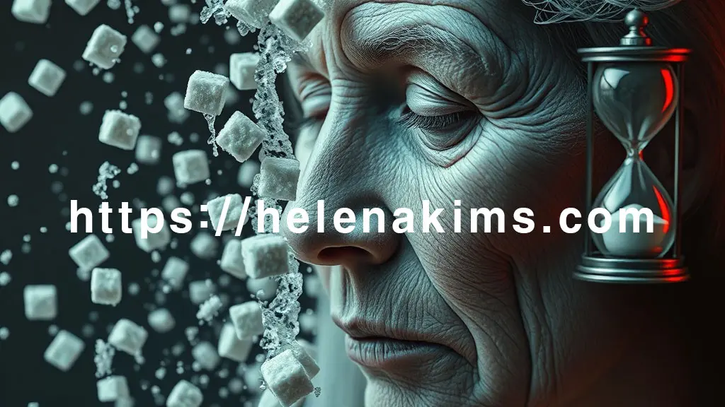 피부 위로 수많은 설탕 큐브들이 떨어지며, 피부가 점차 메마르고 깊은 주름으로 뒤덮이는 모습. 이미지 한편에는 시간의 흐름을 빠르게 나타내는 모래시계가 배치되어 노화 가속을 상징합니다.