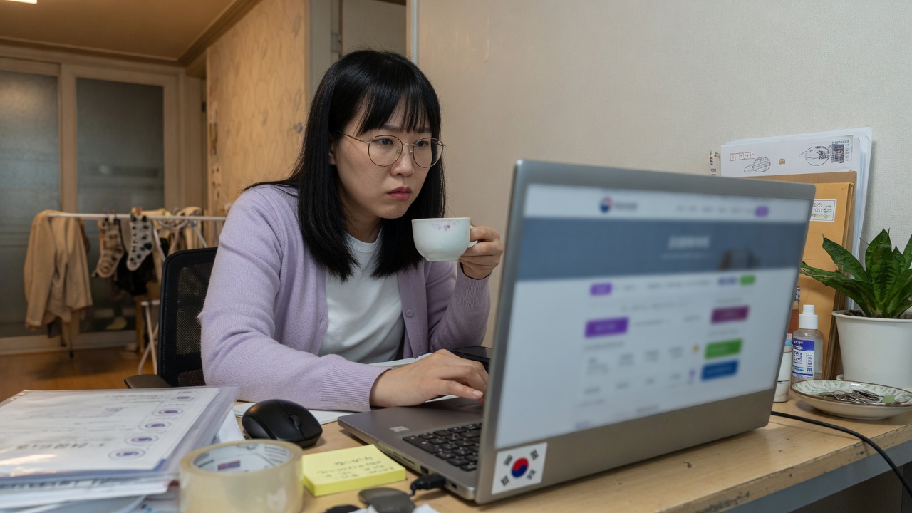 집에서 전입 서류를 확인하는 장면
