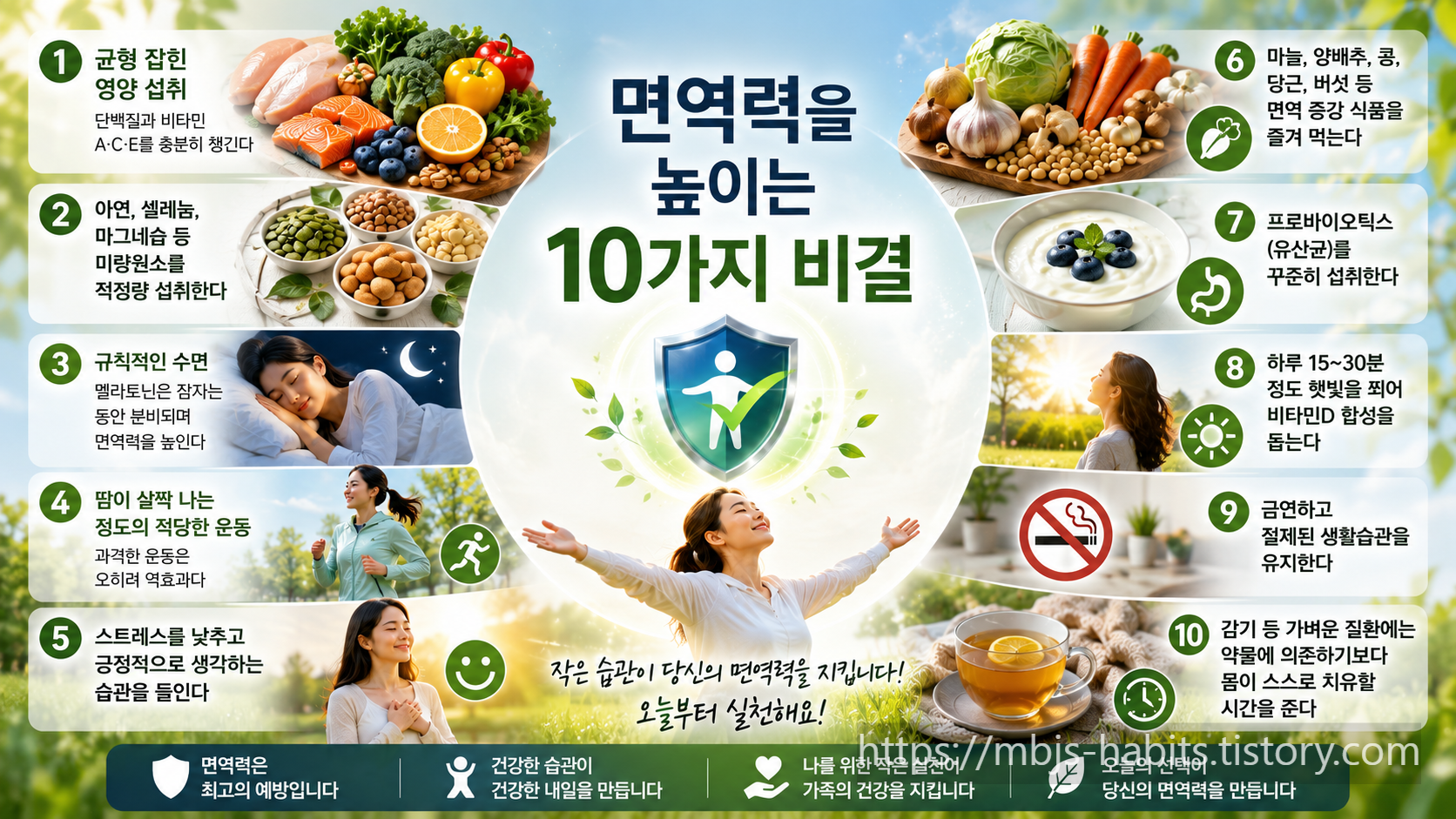 면역력을 높이는 10가지 비결을 주제로 한 인포그래픽. 중앙에는 방패 모양의 면역 아이콘과 함께 자연 속에서 두 팔을 벌린 여성이 배치되어 있으며, 주변으로 영양 섭취, 운동, 수면, 스트레스 관리 등 건강한 생활 습관을 나타내는 10가지 항목이 이미지와 설명으로 정리되어 있음.