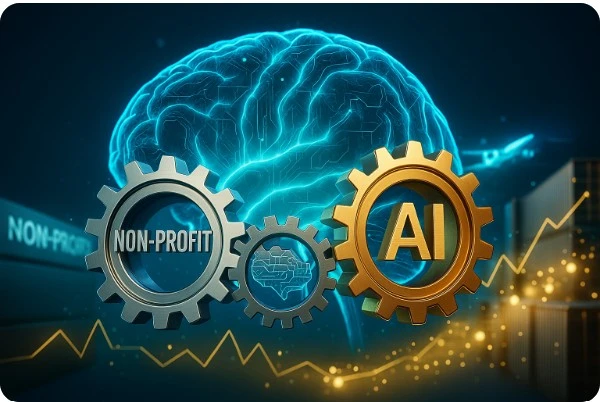 비영리와 영리를 상징하는 톱니바퀴가 인공지능 뇌를 움직이는 그래픽