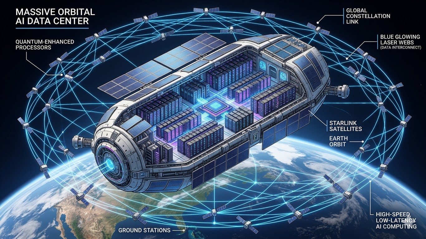 지구 궤도 위에 떠 있는 거대한 AI 서버실과 스타링크 위성들이 거미줄처럼 촘촘하게 연결되어 황금빛 데이터를 주고받는 3D 인포그래픽