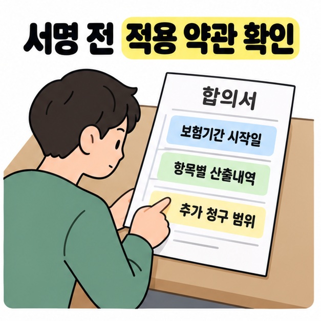 성인이 합의서의 보험기간 시작일, 항목별 산출내역, 추가 청구 범위 항목을 손가락으로 짚으며 서명 전에 확인하는 그림
