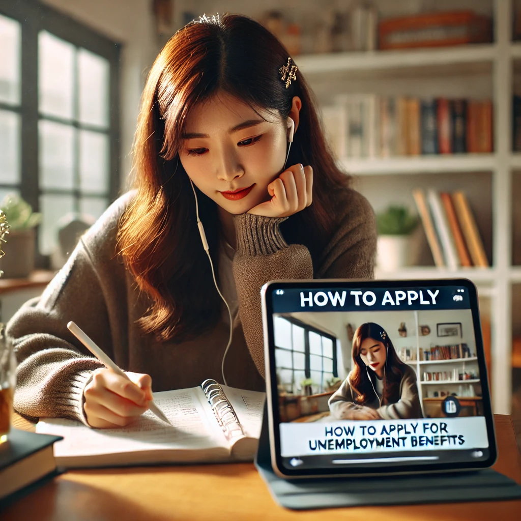 실업급여 신청 방법을 영상으로 학습 중인 20대 여성 
