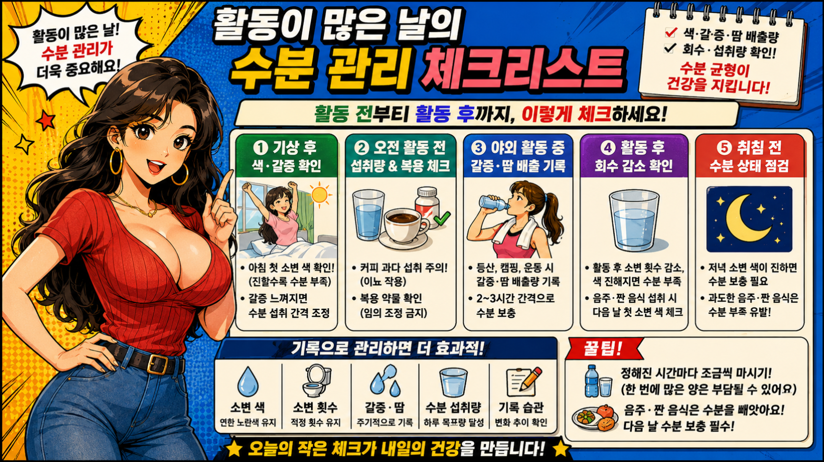 야외 활동이 많은 날 기상 후부터 취침 전까지 소변 색, 갈증, 땀 배출량을 기록하는 여름철 수분 관리 체크리스트 인포그래픽