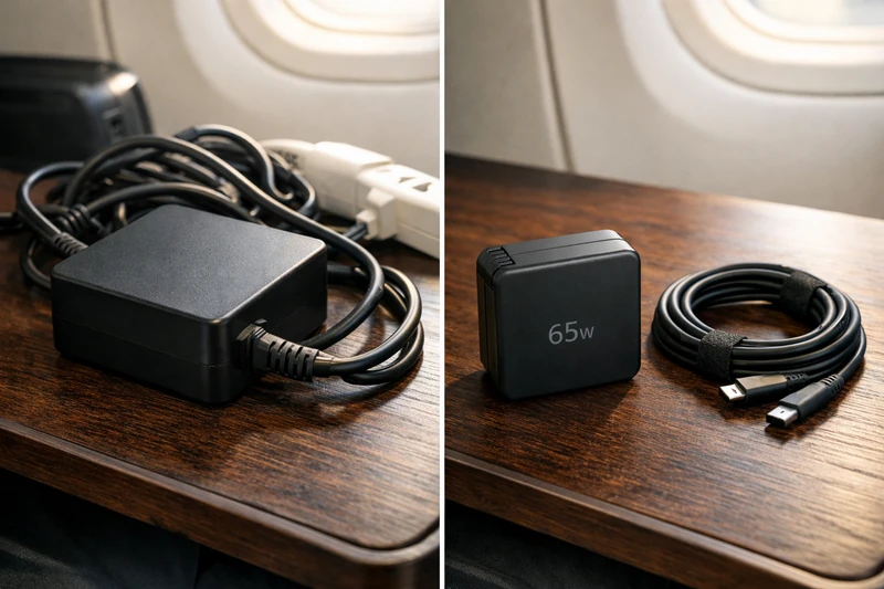 무거운 구형 노트북 충전기와 65W GaN 멀티충전기의 크기를 비교한 사진. 왼쪽에는 두꺼운 케이블이 엉킨 대형 사각 충전기와 멀티탭이 놓여 있고, 오른쪽에는 접이식 플러그를 갖춘 소형 검은색 GaN 충전기와 깔끔하게 정리된 USB-C 케이블이 놓여 있다.