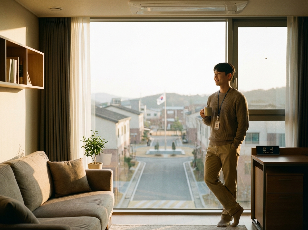 햇살이 들어오는 현대적인 군 관사 거실에서 커피 잔을 들고 창밖의 평화로운 풍경을 바라보며 미소 짓는 젊은 군무원의 모습. 안정적인 노후와 주거 복지를 상징하는 이미지.