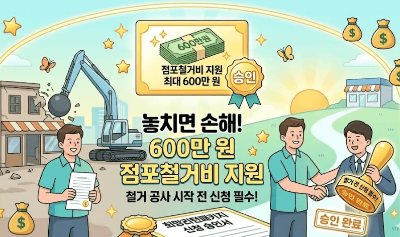 사업자 휴업-폐업 후 꼭 해야 할 일: 소상공인 희망리턴패키지 점포철거비 지원 사업을 설명하는 밝고 긍정적인 비즈니스 일러스트. 이미지 중앙에는 '놓치면 손해! 600만원 점포철거비 지원'과 '철거 공사 시작 전 신청 필수!'라는 핵심 문구가 강조되어 있습니다. 상단에는 600만 원 현금 뭉치와 황금색 '승인' 메달이 떠 있고, 배경으로는 굴착기가 낡은 건물을 철거하는 모습과 평화로운 마을 풍경이 보입니다. 하단에는 '희망리턴패키지 신청 승인서'를 든 사업자와 미소 지으며 승인 도장을 찍어주는 파트너가 악수하는 모습이 그려져 있어, 지원 절차의 성공적인 마무리를 시각화