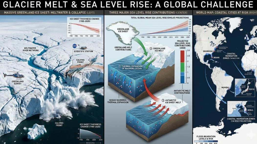 그린란드&middot;남극 빙하 융해와 해수면 상승 시나리오 도식 &mdash; 빙상 붕괴 메커니즘과 연안 침수 예측 인포그래픽