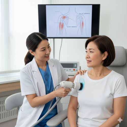 물리치료사가 전문 의료 기기를 사용하여 환자의 어깨 부위에 체외충격파 치료를 시행하고 있는 모습. 기기 끝에서 어깨 힘줄 부위로 에너지가 전달되는 과정을 시각화한 의료 전문 이미지.