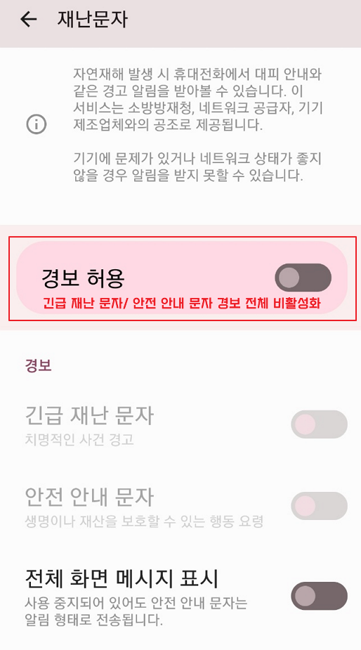 재난 문자 설정 