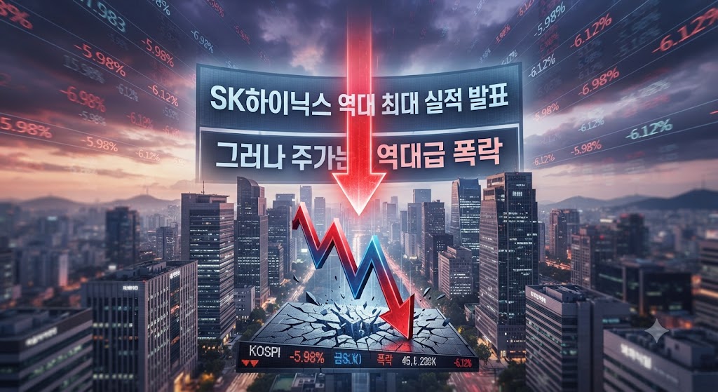 브리핑의 전체적인 분위기를 함축한 썸네일입니다. 서울 여의도 증권가 상공에 거대한 붉은색 하락 화살표가 코스피(KOSPI) 지수를 내리꽂고 있습니다. 배경에는 "SK하이닉스 역대 최대 실적"이라는 뉴스 화면이 보이지만, 그 아래로 주식 그래프는 수직으로 곤두박질치며 '역대급 폭락'을 시각적으로 강렬하게 표현했습니다. (충격적인 뉴스 속보 일러스트)