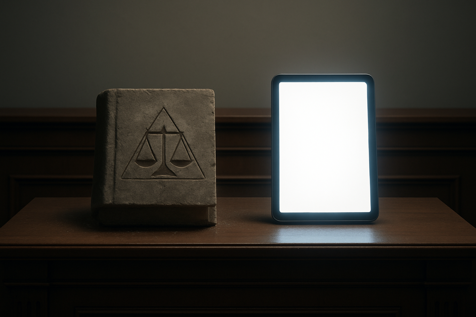 구시대적인 먼지 쌓인 법전(좌), 새로운 시대를 나타내는 태블릿(우) 이미지