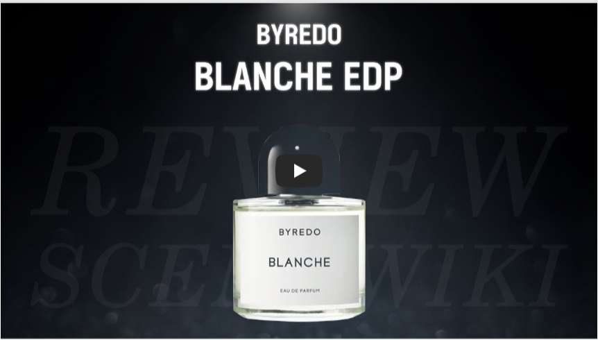 어두운 배경 위에 흰색 대문자로 &lsquo;BYREDO BLANCHE EDP&rsquo; 타이틀이 표시되고, 그 아래 중앙에 투명한 유리병의 바이레도 블랑쉬 오드퍼퓸이 놓여 있는 향수 리뷰 영상 썸네일