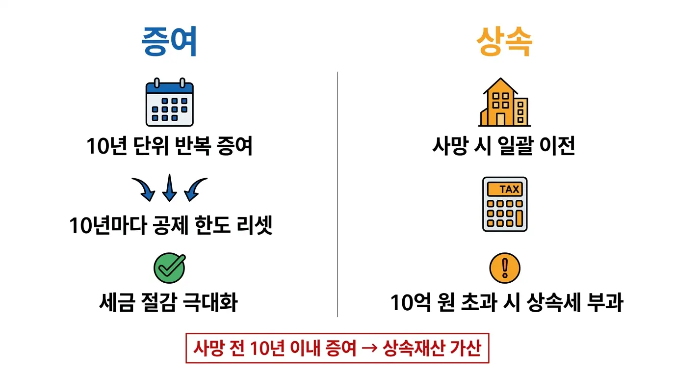 사전증여 vs 상속 절세 비교 인포그래픽 &mdash; 10년 단위 증여 전략과 상속 세부담 차이 안내