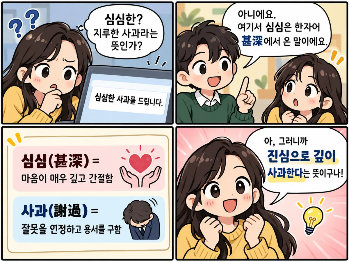 심심한 사과를 지루한 사과로 오해하는 상황과 한자 뜻을 설명하는 네 컷 웹툰