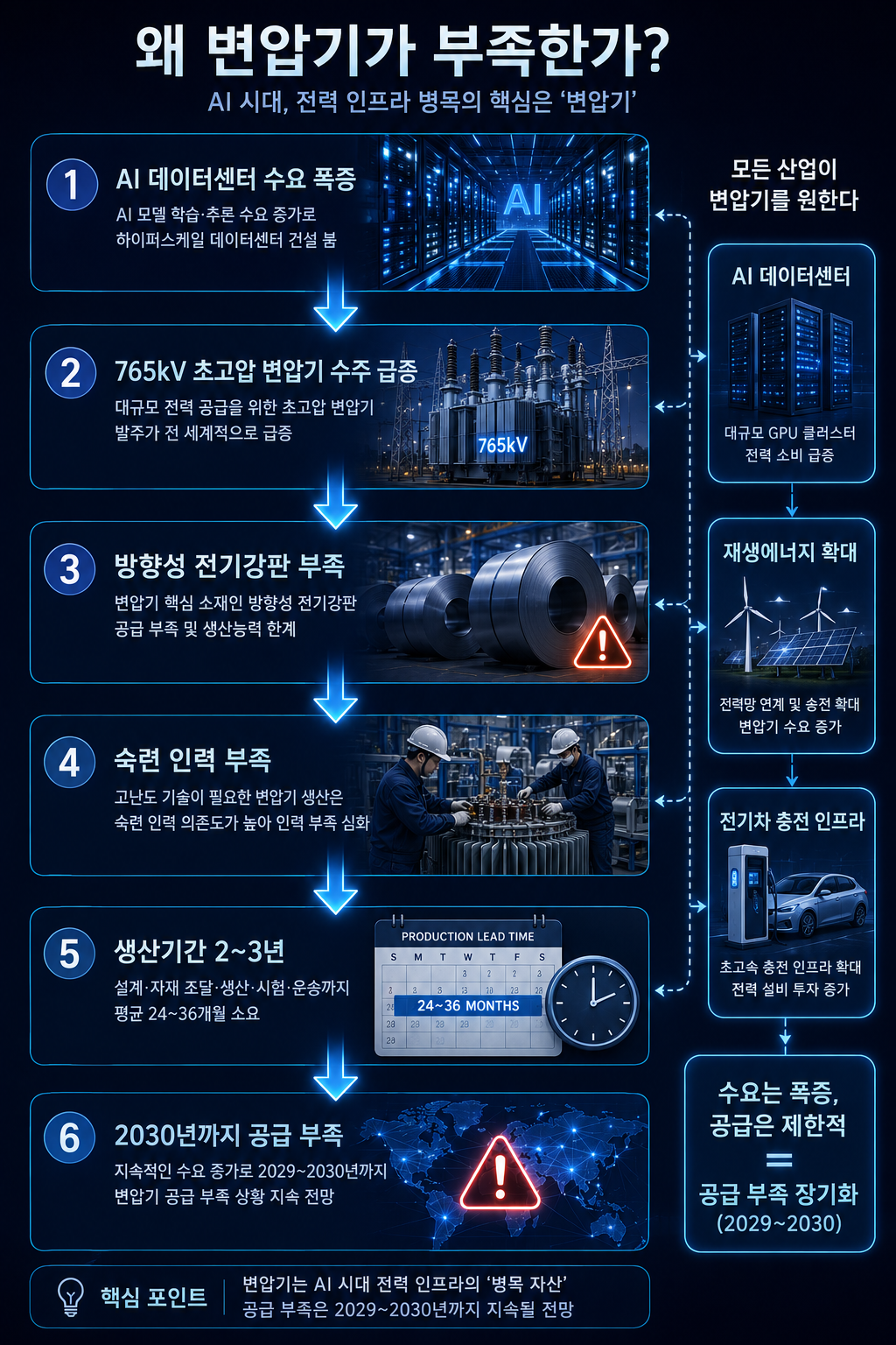 "AI 데이터센터 변압기 공급 부족 구조도 &mdash; 수요 폭발&rarr;765kV 수주 급증&rarr;원자재 병목&rarr;리드타임 2~3년&rarr;2029년까지 공급 부족 지속 플로우차트"