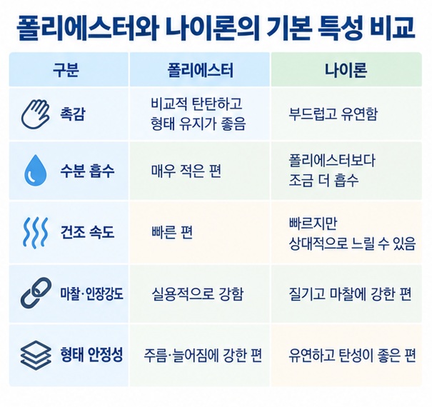 폴리에스터와 나이론의 수분 흡수 건조속도 마찰강도 형태 안정성을 표로 비교하는 이미지