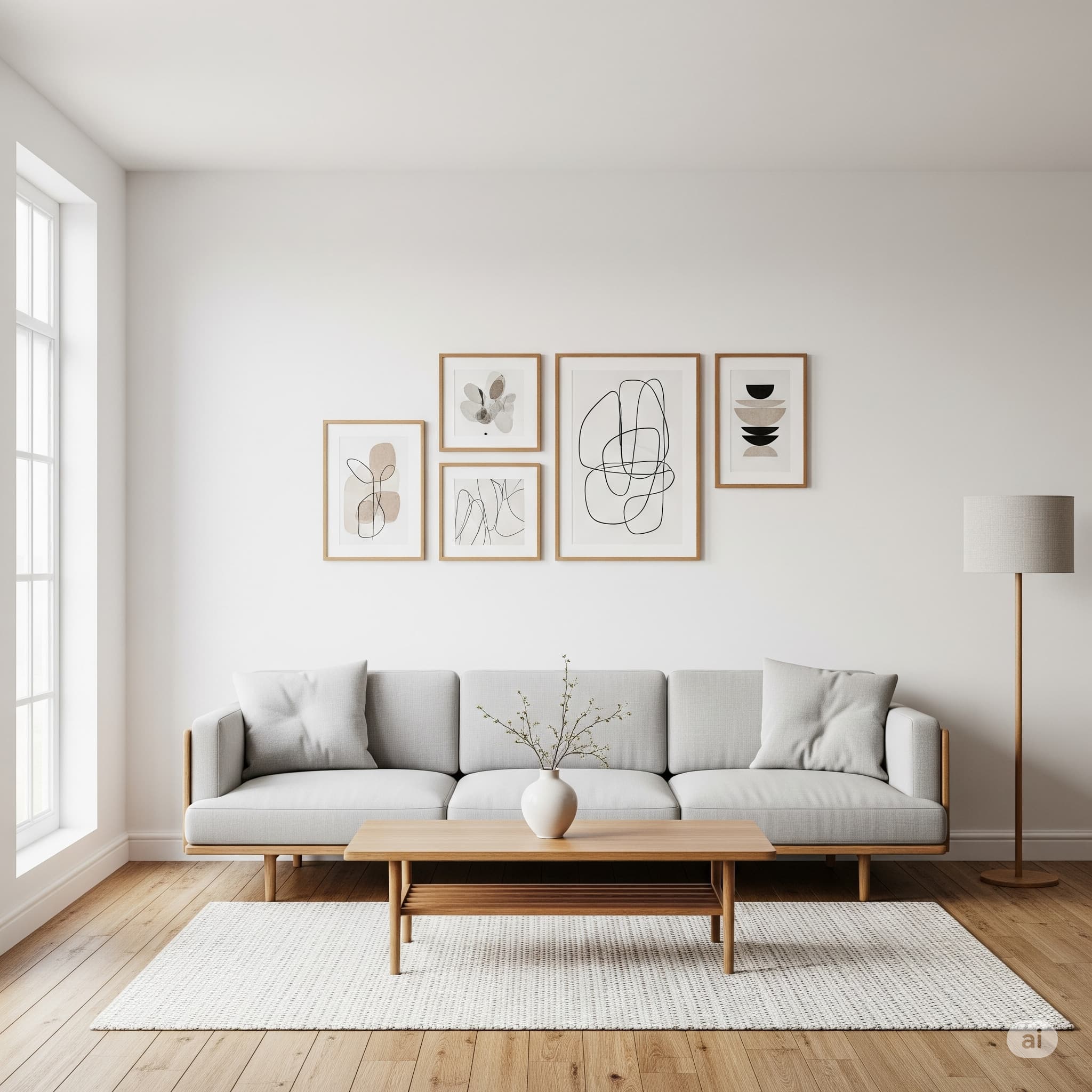 화이트 벽과 우드 프레임 액자만 남긴 깔끔한 미니멀 인테리어 거실