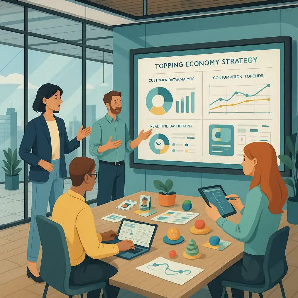 데이터 대시보드, 차트, 디지털 기기를 활용한 실시간 협업을 묘사한 일러스트