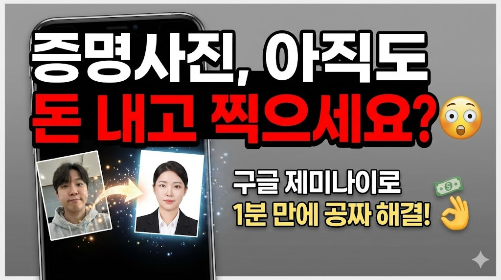 스마트폰 화면에서 일반 사진이 증명사진으로 변하는 마법 같은 그래픽으로 시선을 사로잡고, "아직도 돈 내고 찍으세요?"라는 문구를 강조하여 호기심을 자극합니다.
