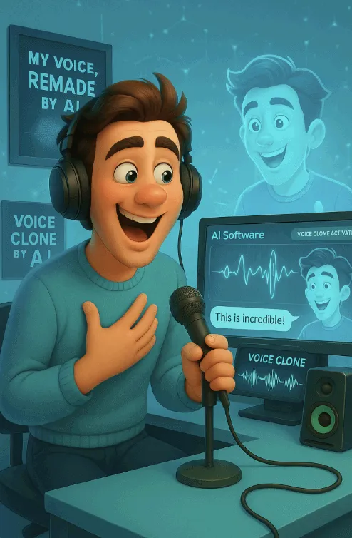 헤드폰을 착용한 남성 캐릭터가 마이크에 대고 말한 뒤, 자신의 목소리를 복제한 AI 음성을 듣고 놀라는 장면을 담은 픽사풍 일러스트. 배경에는 'My Voice, Remade by AI'와 'Voice Clone by AI' 문구가 보이며, 모니터에는 음성 파형,