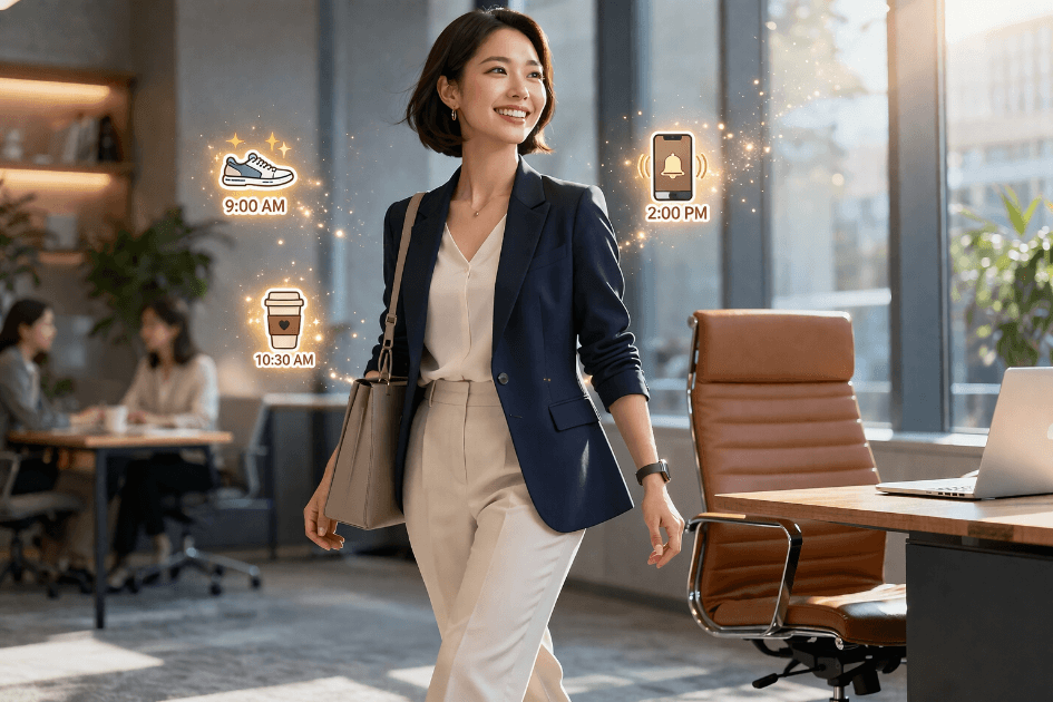 바른 자세를 유지하며 자신감 있게 걷는 직장인의 모습과 좋은 습관 형성을 돕는 시각적 신호 아이콘들이 포함된 이미지
