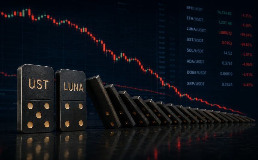 테라 루나 데스 스파이럴 - UST와 LUNA 도미노가 연쇄적으로 쓰러지는 붕괴 과정 일러스트