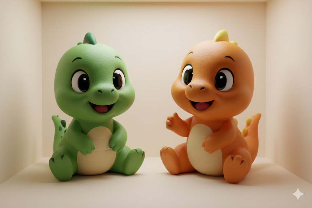 AI 프롬프트로 아기 공룡 일러스트 이미지가 입체 피규어처럼 변환된 예시. 좌측의 귀여운 2D 캐릭터가 우측에서는 생생한 3D 피규어로 재현된 이미지 비교