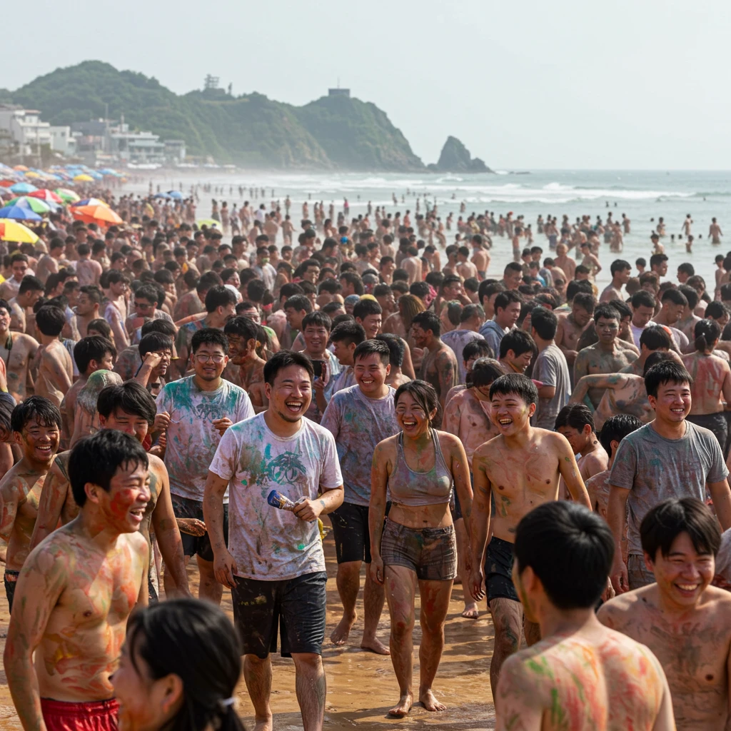 보령머드축제에서 진흙을 즐기며 웃고 떠드는 사람들