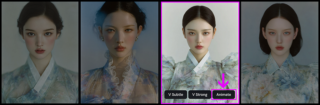 Midjourney Animate 버튼을 이용해 이미지에서 즉시 영상을 생성하는 UI 화면 예시_Midjourney