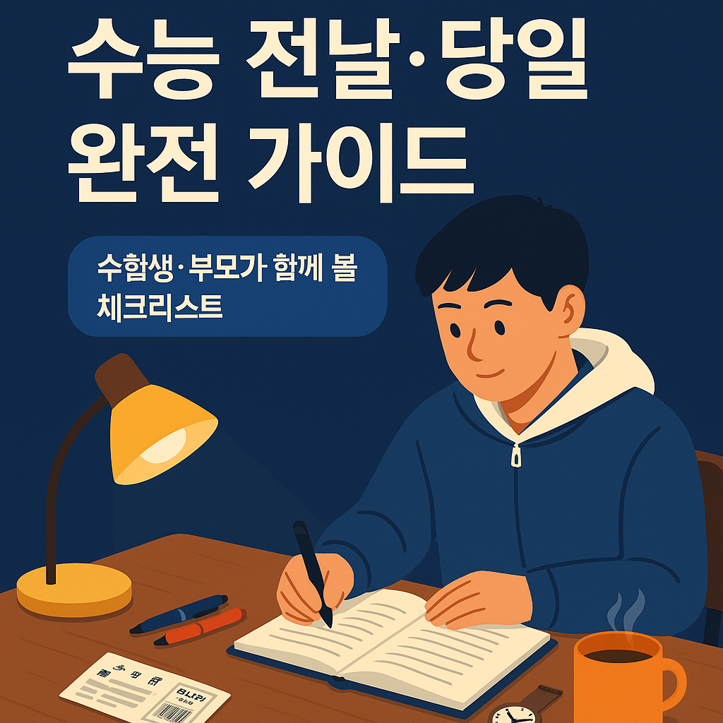 한국 수험생이 어두운 네이비톤 방에서 책상 위 수험표와 필기구를 정리하며 공부하는 모습을 담은 플랫 일러스트. 따뜻한 조명 아래 집중된 분위기가 수능 전날의 긴장감과 차분함을 함께 전한다.