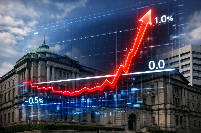 일본은행의 마이너스 금리 정책 종료와 금리 인상 사이클 진입을 알리는 시각화 그래픽