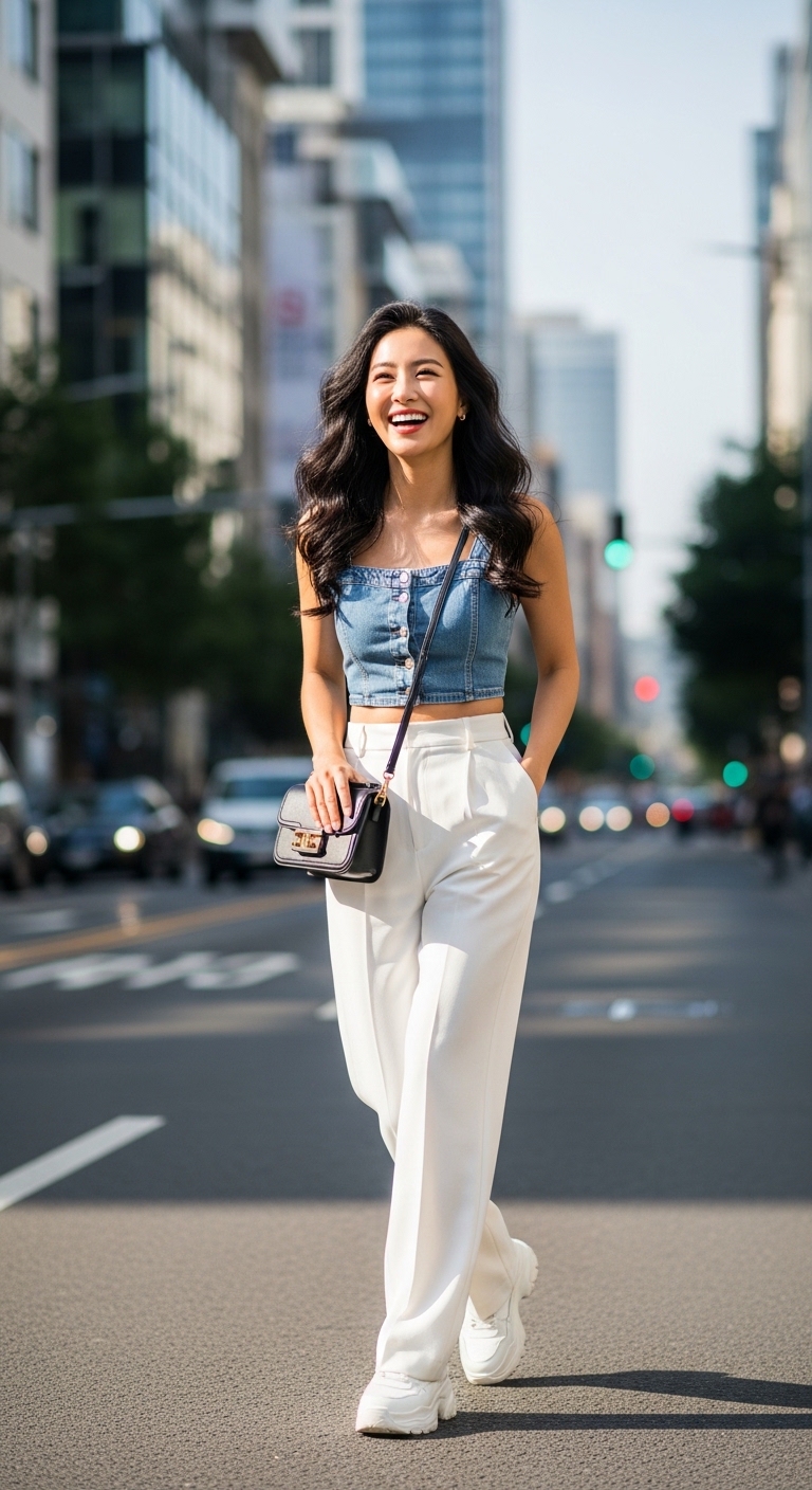 크롭탑을 세련되게 입은 모델이 밝게 웃으며 거리를 걷는 모습