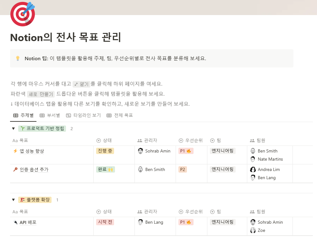 Notion에서 제공한 프로젝트 관리 예시