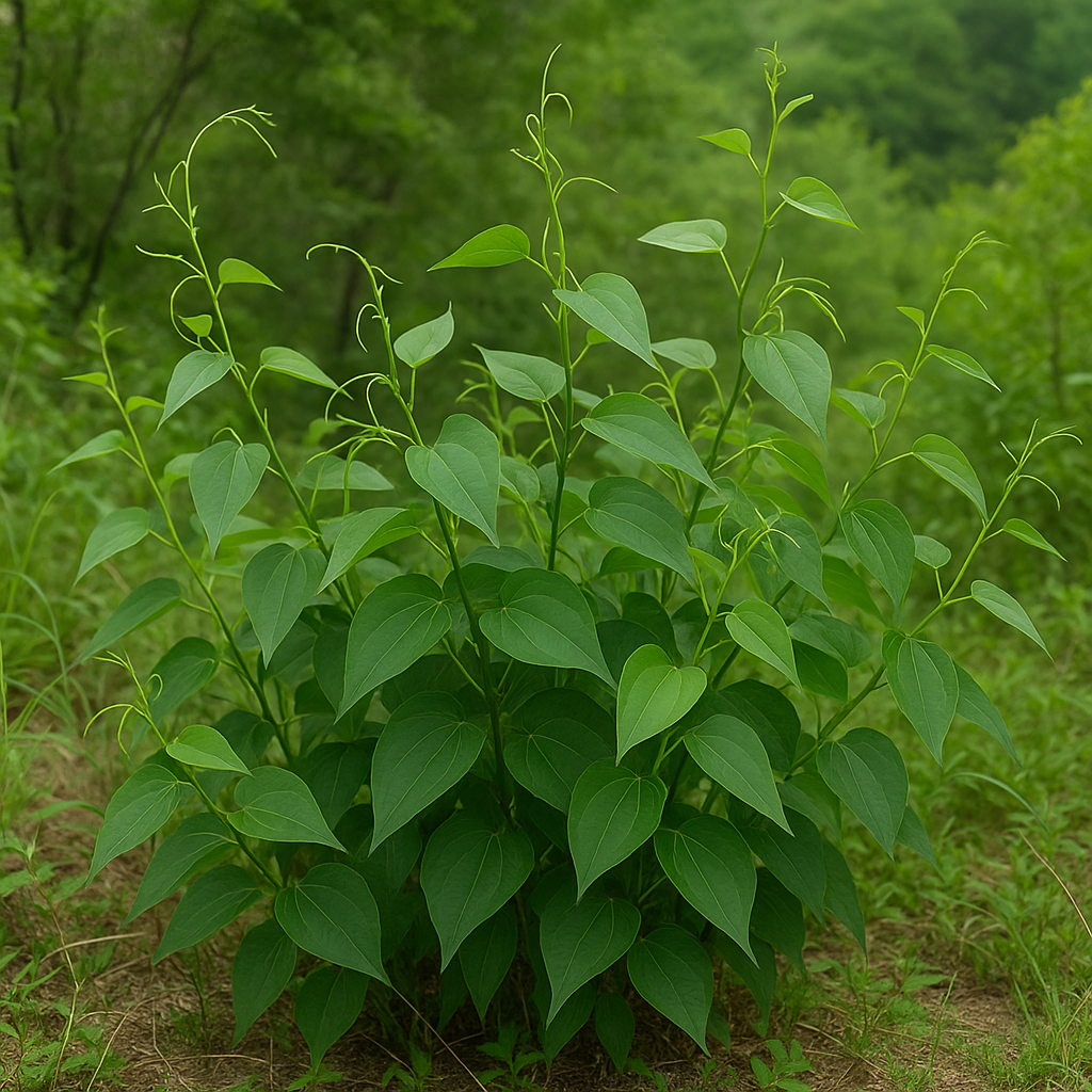 숲속에서 자라는 푸른 청미래덩굴 군락
