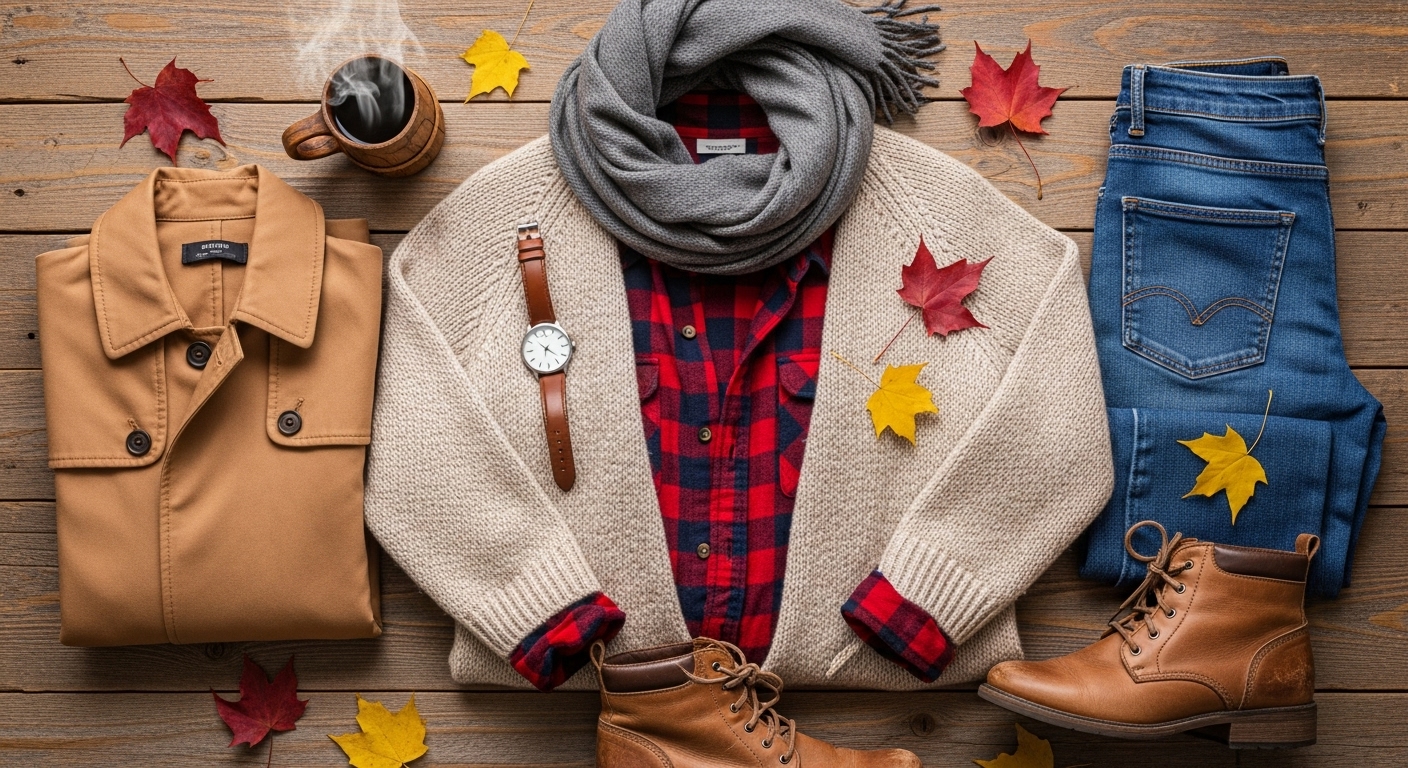 가을 제주 여행을 위한 레이어드 코디 아이템들. 베이지색 니트, 체크 셔츠, 트렌치코트, 청바지가 나무 배경 위에 정돈되어 있다.