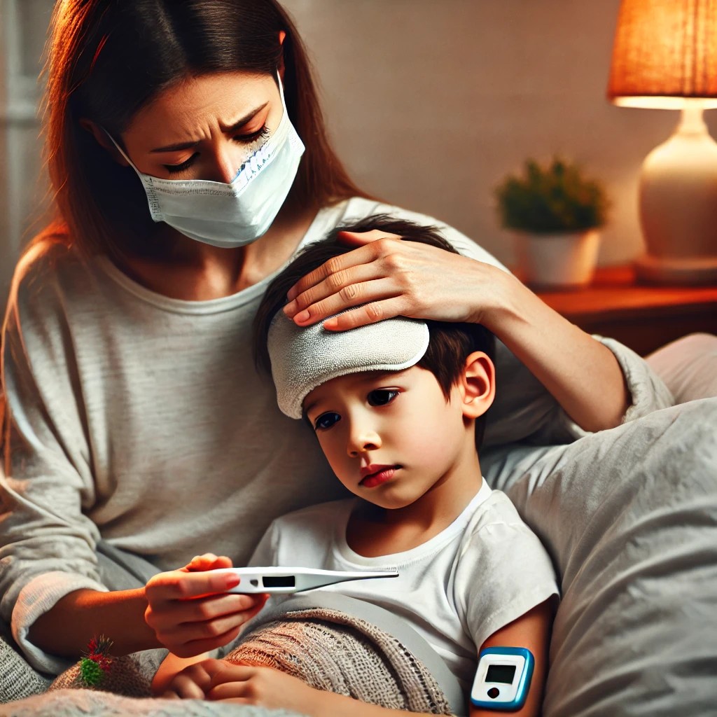 열이 나는 아이를 걱정하는 사진