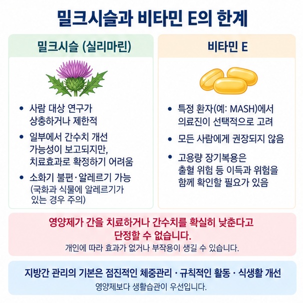 밀크시슬과 비타민 E가 모든 사람에게 필요한 간 영양제가 아니며 의료진 상담이 필요한 점을 보여주는 이미지