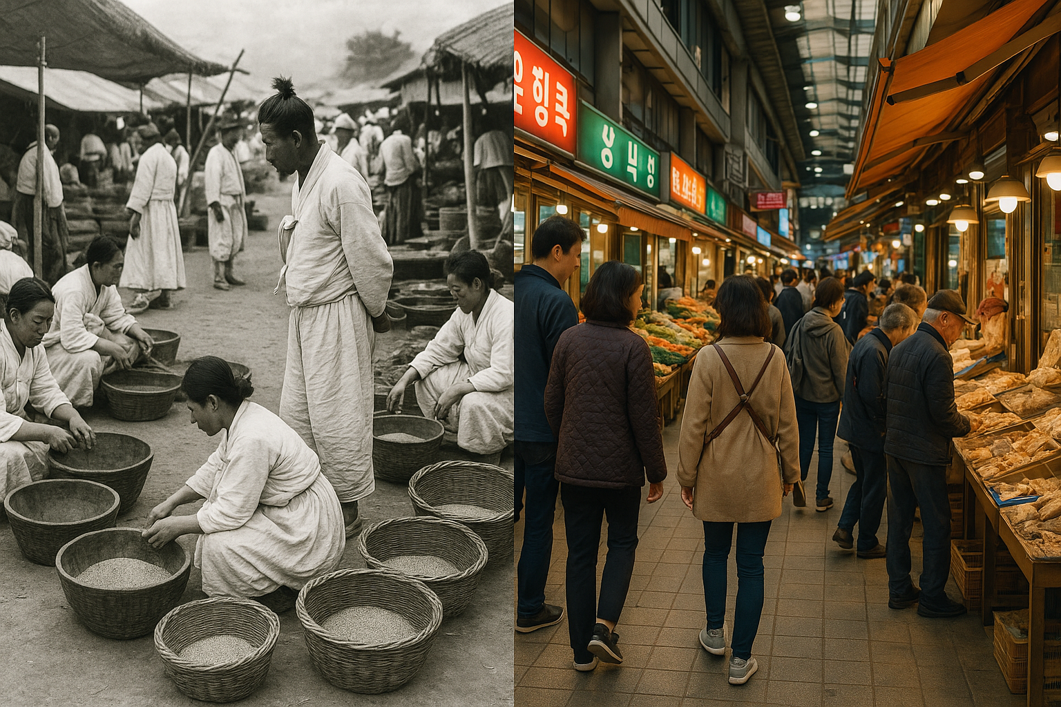 옛 장터 풍경과 현대의 전통 시장의 모습