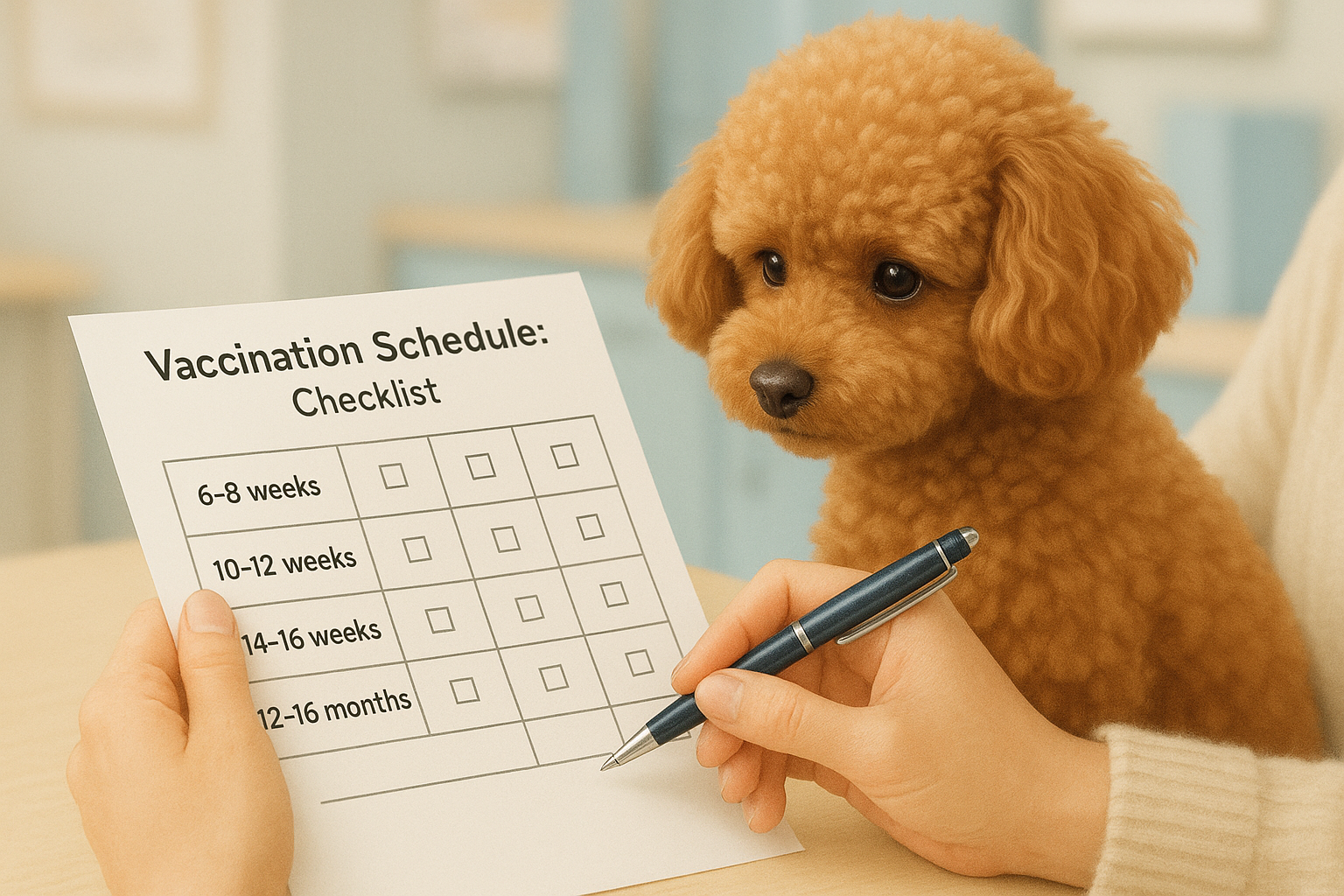 동물병원 상담실 책상 위에 펼쳐진 예방접종 스케줄표를 보호자와 함께 바라보는 푸들의 몸습