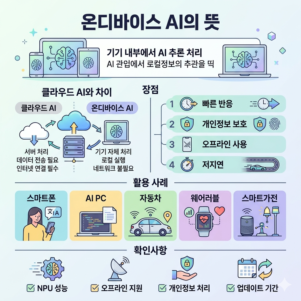 온디바이스 AI 뜻 클라우드 없이 기기 안에서 작동하는 인공지능 쉽게 정리 인포그래픽