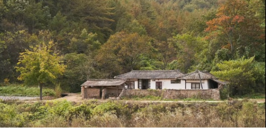 뒤에 산이 있는 옛 정감이 느껴지는 옛 집 사진이 있습니다