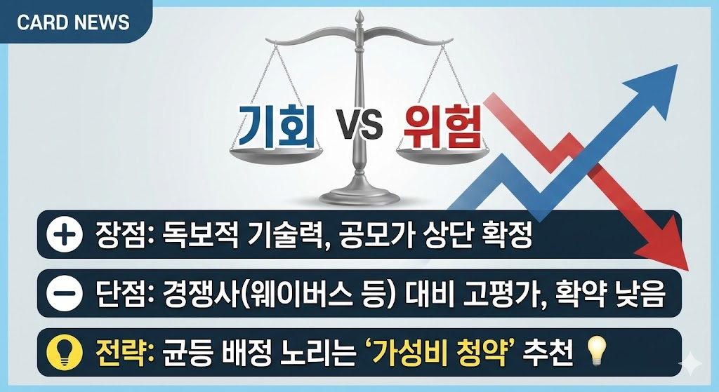 기회 vs 위험'을 저울 이미지로 표현하여 투자자들이 합리적인 판단을 내릴 수 있도록 돕는 카드뉴스입니다. 이지스 공모주의 장점과 단점을 비교 분석하고, '균등 배정 노리는 가성비 청약'이라는 구체적인 투자 전략을 제시합니다.