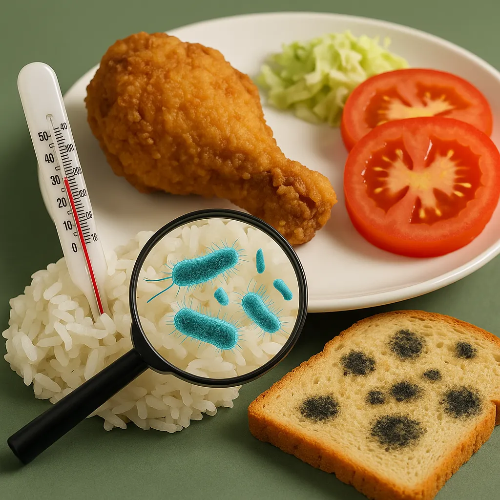 음식들이-올려져있고-온도계는-30도를-표시하고-있고-곰팡이가-보이는-식빵-돋보기에-원인균이-보임