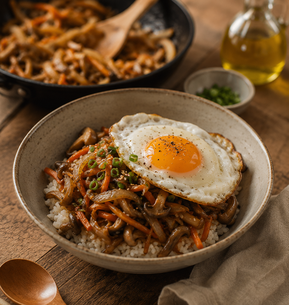 도자기 그릇에 정갈하게 담긴 카라멜라이징 야채 덮밥 위에 계란 프라이가 올려져 있고, 뒤편에 조리된 채소가 담긴 프라이팬이 놓여 있는 모습