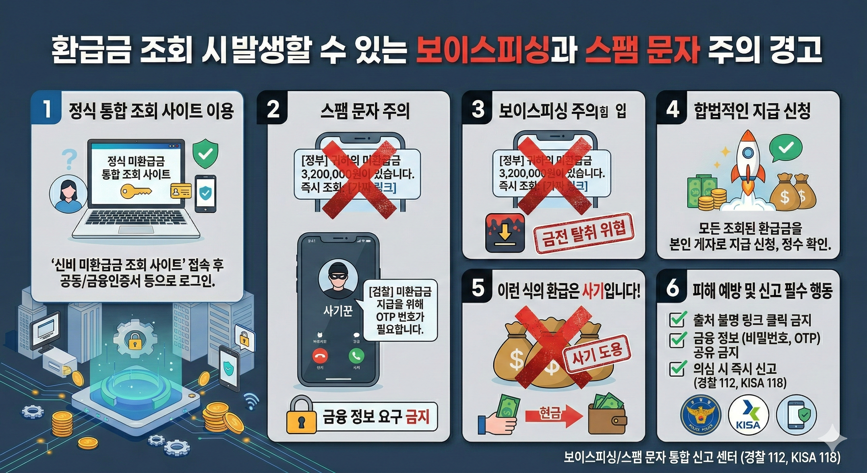환급금 조회 시 발생할 수 있는 보이스피싱과 스팸 문자를 주의하라는 경고 이미지