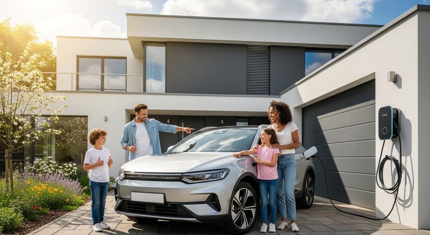 가정용 충전기가 설치된 주차 공간에서 전기차를 보며 미소 짓는 가족의 모습.